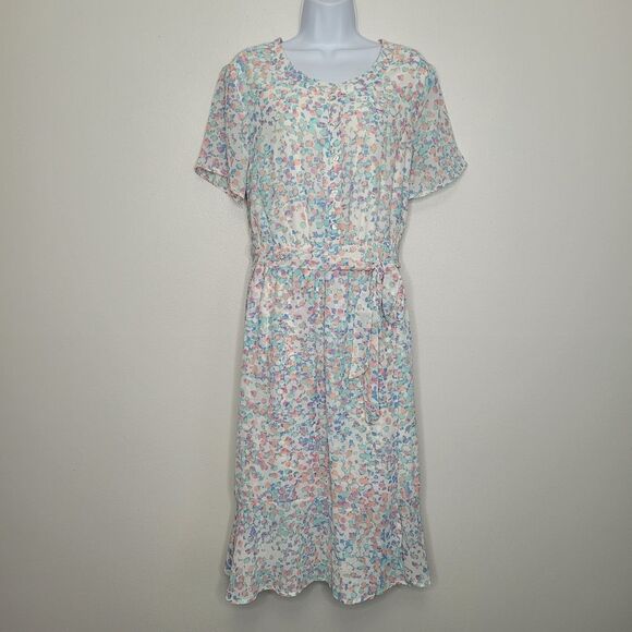 Blair pastel abstract dot print tie belt waist modest easter dress size large - Picture 1 of 7